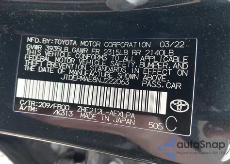 2022 Toyota Corolla Le z USA, uszkodzony, nr VIN JTDEPMAE8NJ222063